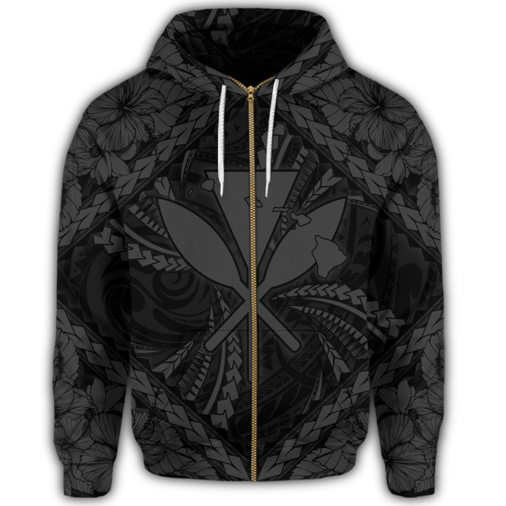 Hawaiian Map Kanaka Hibiscus Gray Polynesian Zip Hoodie - Polynesian Pride