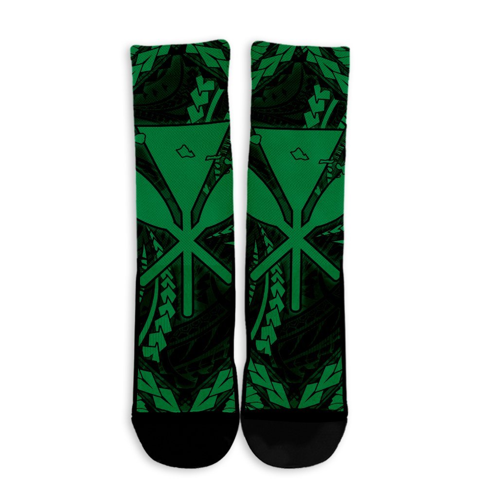 Hawaiian Map Kanaka Hibiscus Green Polynesian Crew Socks - AH - Polynesian Pride