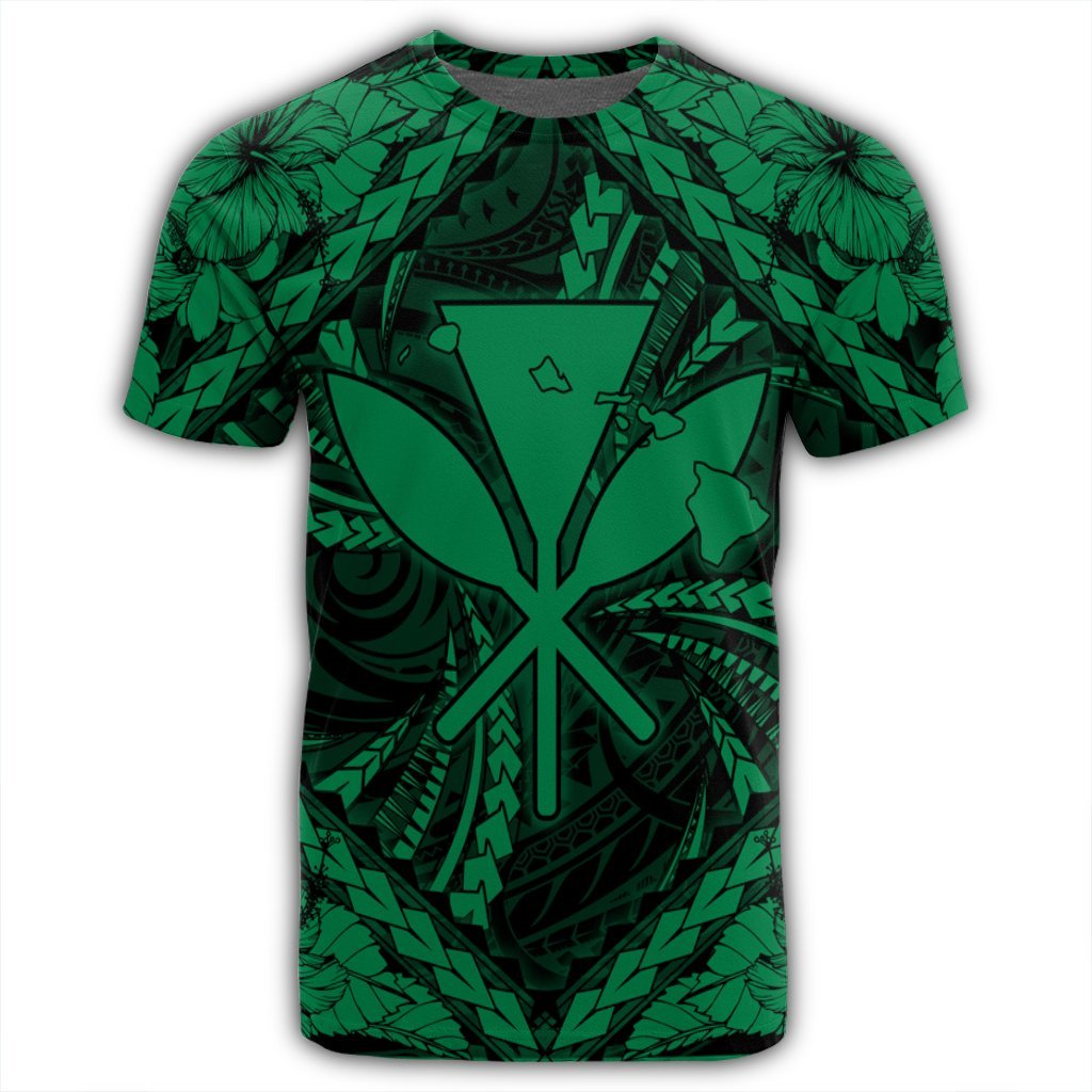 Hawaiian Map Kanaka Hibiscus Green Polynesian T Shirt - Polynesian Pride