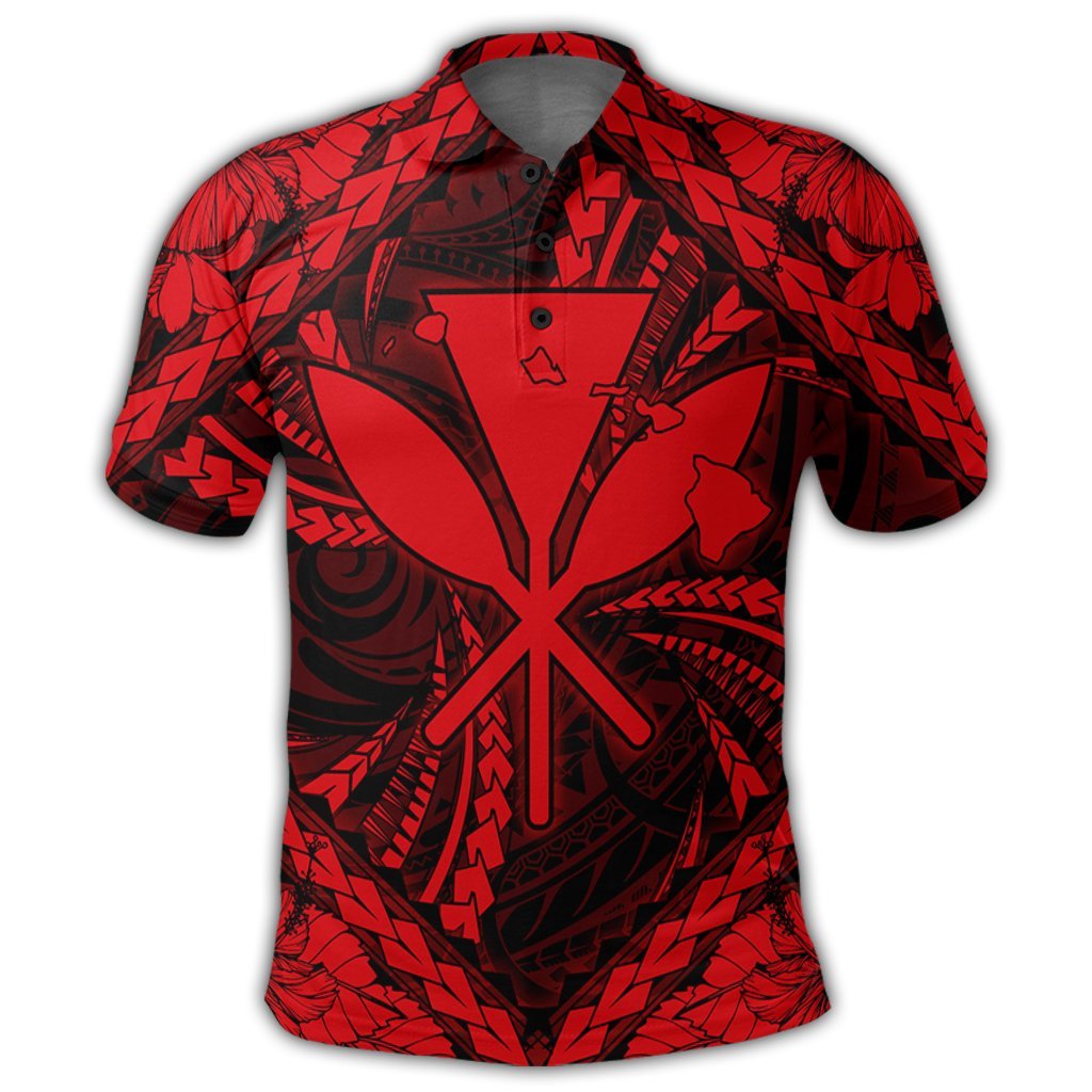 Hawaiian Map Kanaka Hibiscus Red Polynesian Polo Shirt - Polynesian Pride