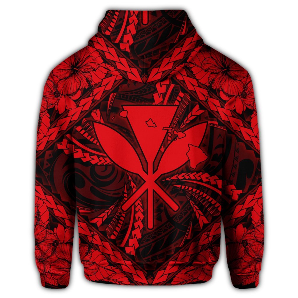 Hawaiian Map Kanaka Hibiscus Red Polynesian Zip Hoodie - Polynesian Pride