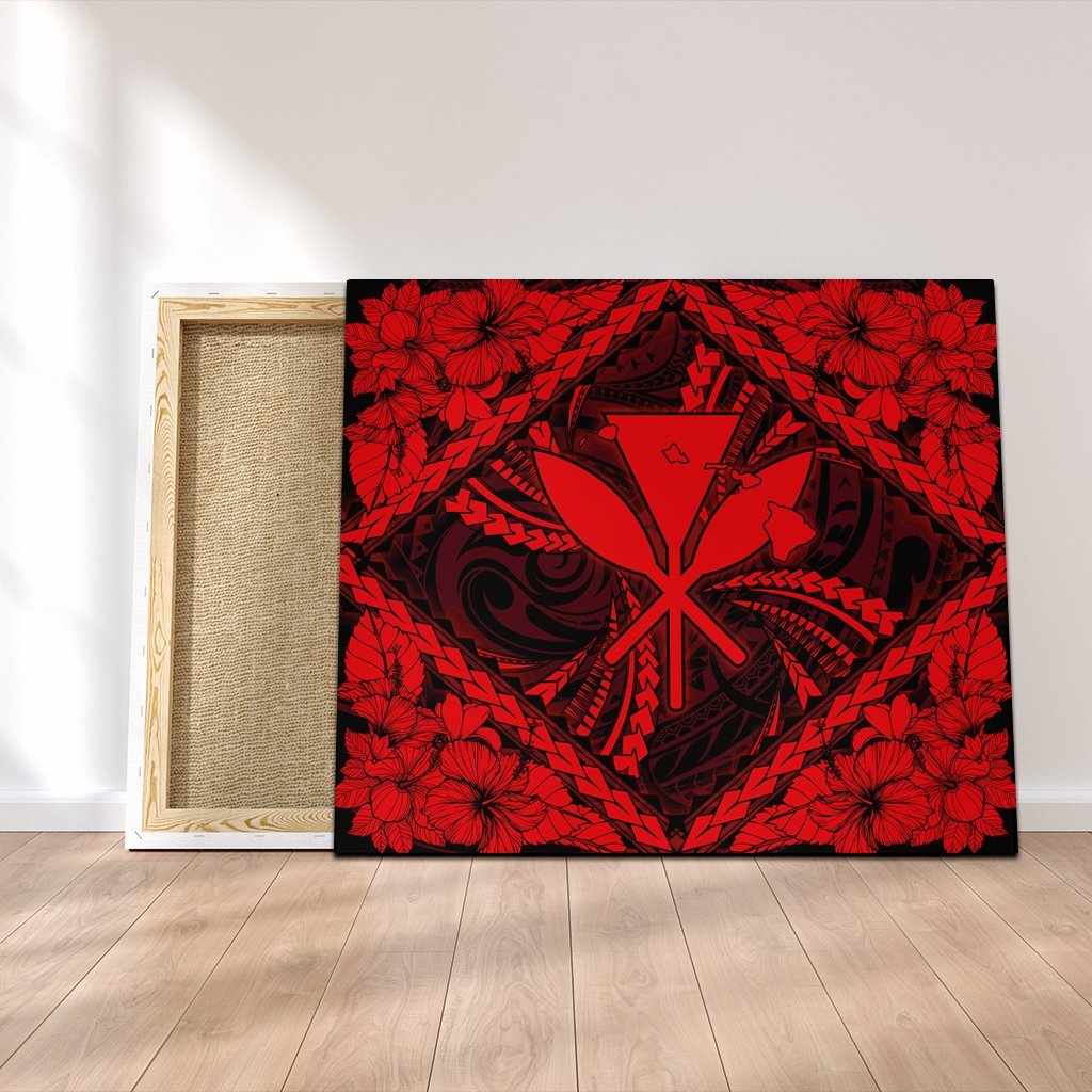 Hawaiian Map Kanaka Hibiscus Red Polynesian Canvas - AH Canvas Poly-cotton - Polynesian Pride