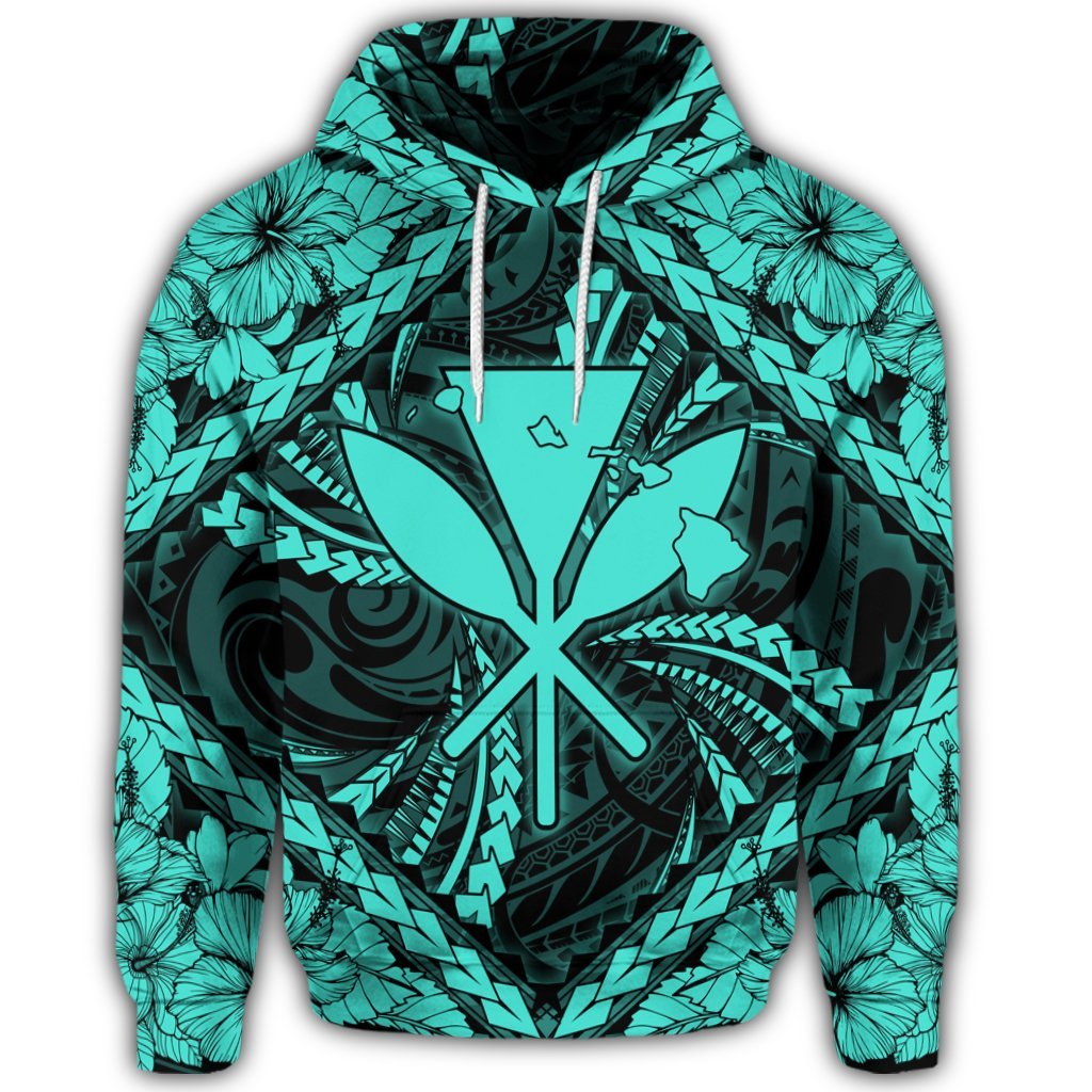 Hawaiian Map Kanaka Hibiscus Turquoise Polynesian Hoodie - Polynesian Pride