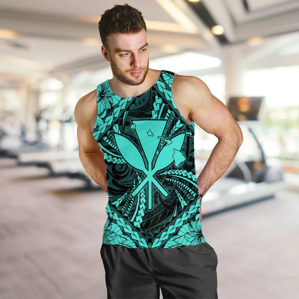 Hawaiian Map Kanaka Hibiscus Turquoise Polynesian Tank Top - AH - Polynesian Pride