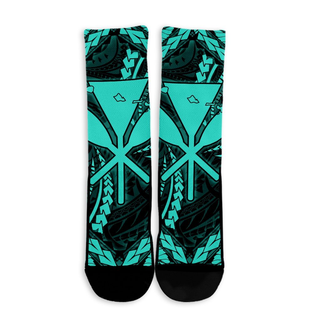 Hawaiian Map Kanaka Hibiscus Turquoise Polynesian Crew Socks - AH - Polynesian Pride