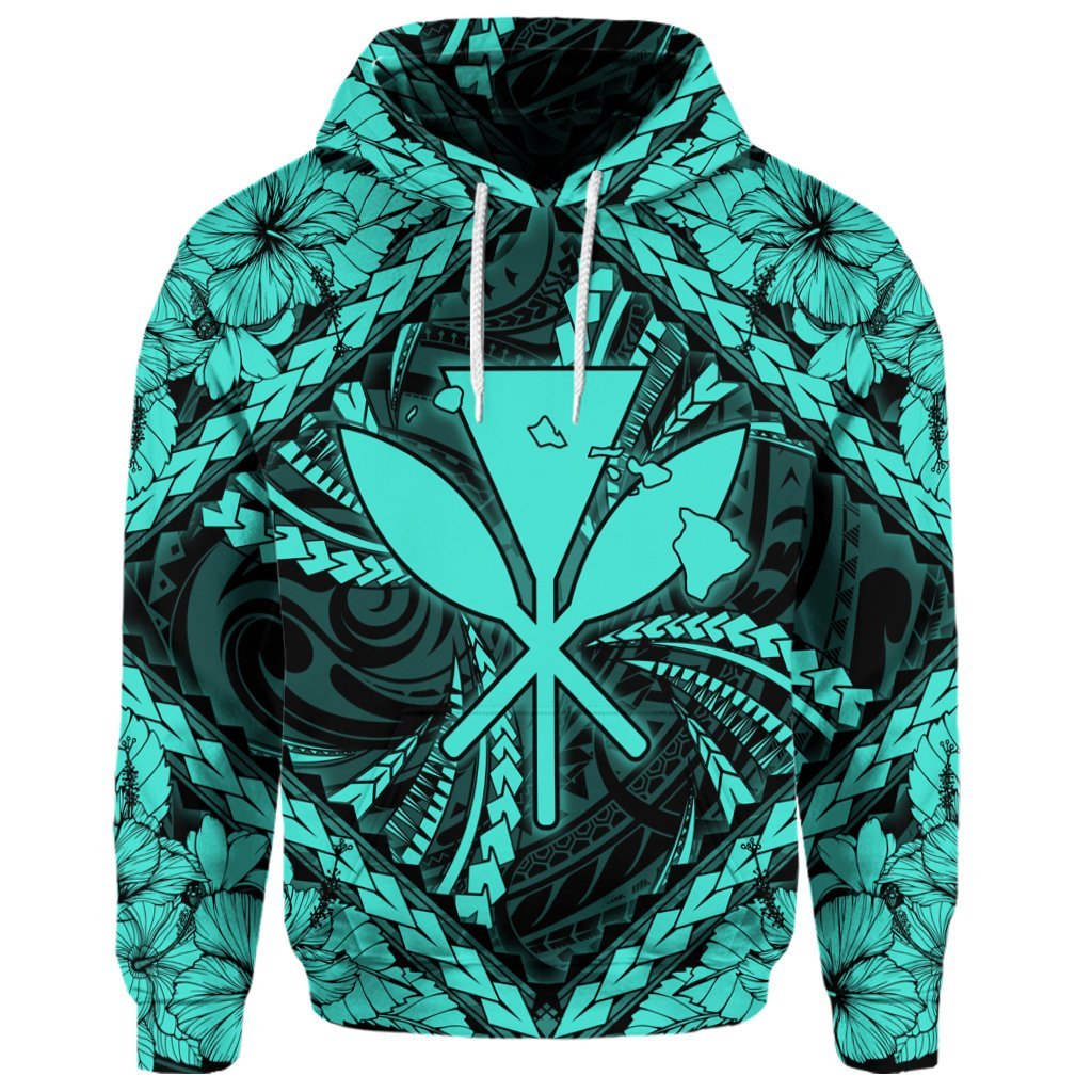 Custom Hawaiian Map Kanaka Hibiscus Turquoise Polynesian Hoodie - Polynesian Pride