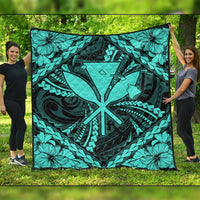 Hawaiian Map Kanaka Hibiscus Turquoise Polynesian Premium Quilts - AH Black - Polynesian Pride
