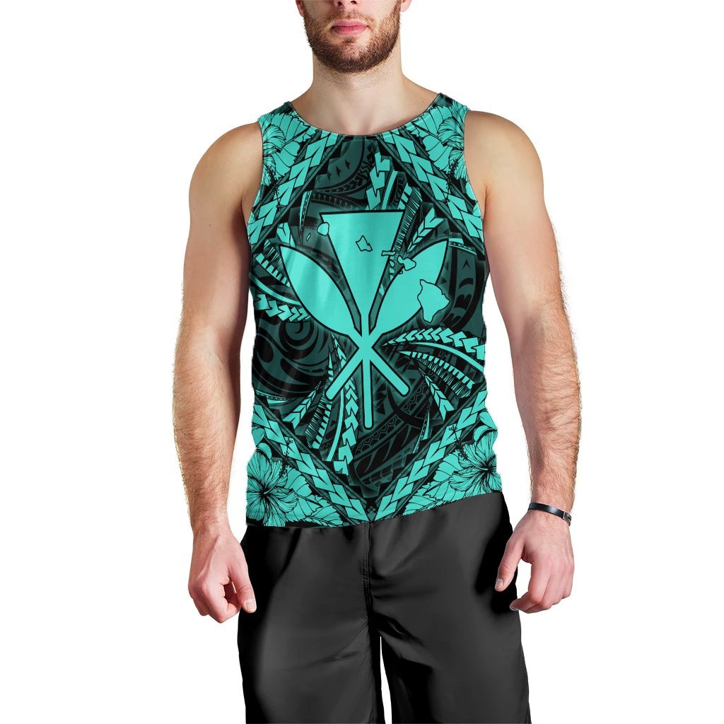 Hawaiian Map Kanaka Hibiscus Turquoise Polynesian Tank Top - AH Black - Polynesian Pride