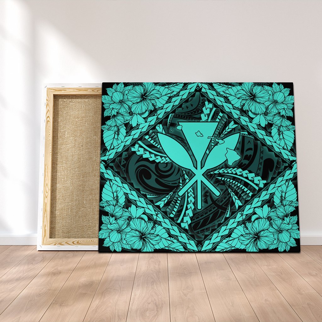 Hawaiian Map Kanaka Hibiscus Turquoise Polynesian Canvas - AH Canvas Poly-cotton - Polynesian Pride