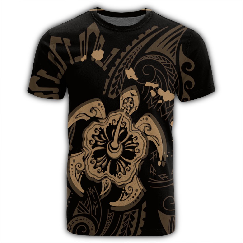 Hawaiian Map Kanaka Hibiscus Turtle Gold Polynesian T Shirt - Polynesian Pride