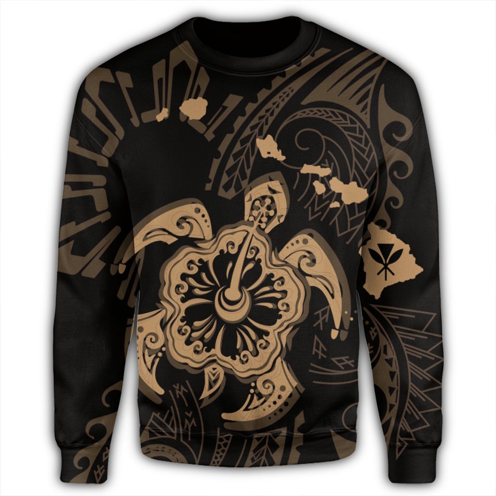 Hawaiian Map Kanaka Hibiscus Turtle Gold Polynesian Sweatshirt - AH - Polynesian Pride