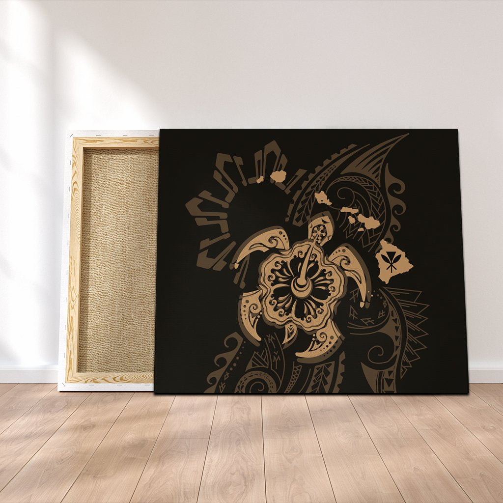 Hawaiian Map Kanaka Hibiscus Turtle Gold Polynesian Canvas - AH Canvas Poly-cotton - Polynesian Pride