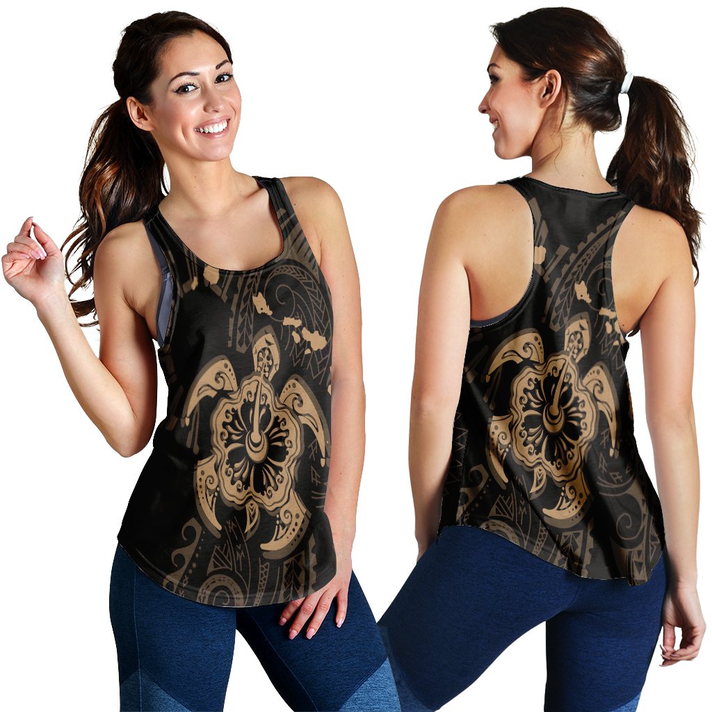 Hawaiian Map Kanaka Hibiscus Turtle Gold Polynesian Racerback Tank - AH Black - Polynesian Pride