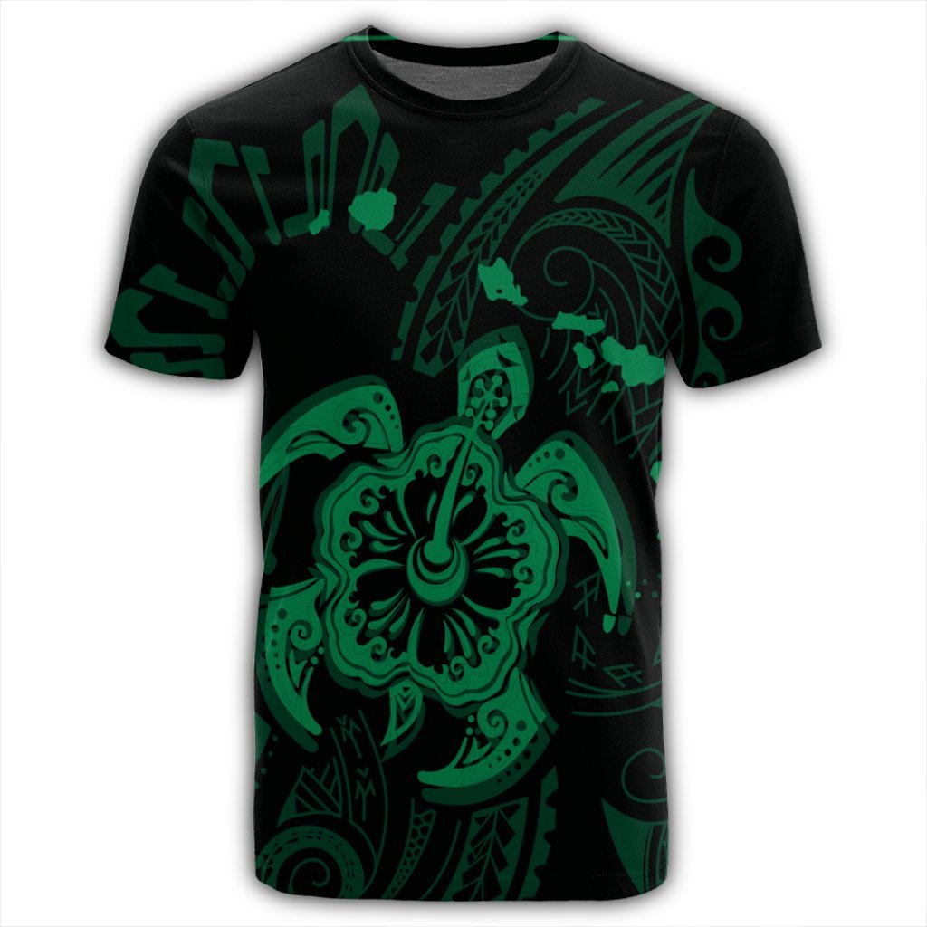 Hawaiian Map Kanaka Hibiscus Turtle Green Polynesian T Shirt - Polynesian Pride