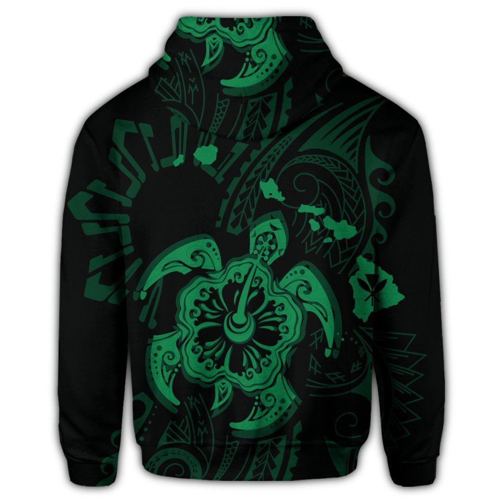 Hawaiian Map Kanaka Hibiscus Turtle Green Polynesian Zip Hoodie - Polynesian Pride