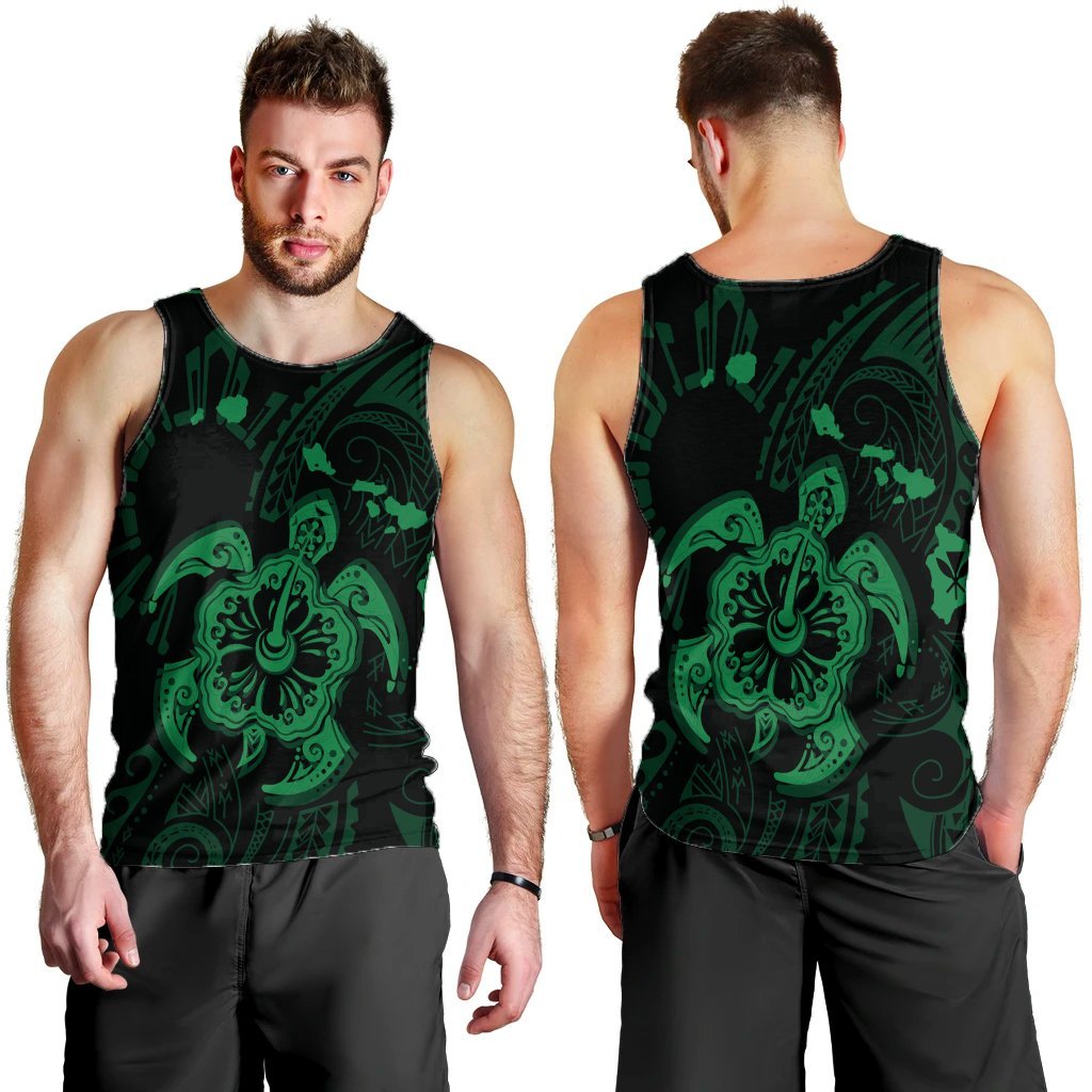 Hawaiian Map Kanaka Hibiscus Turtle Green Polynesian Tank Top - AH - Polynesian Pride
