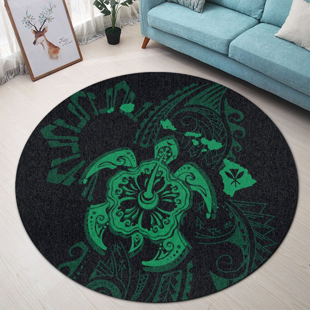 Hawaiian Map Kanaka Hibiscus Turtle Green Polynesian Round Carpet - AH - Polynesian Pride
