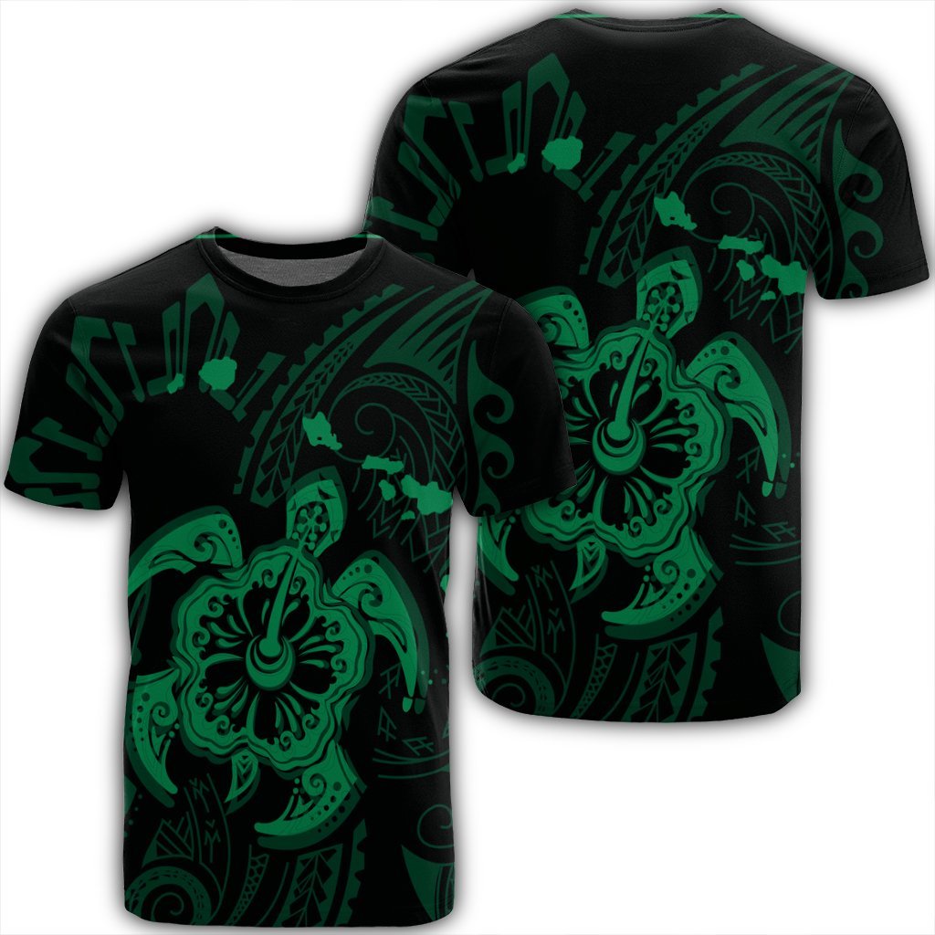 Hawaiian Map Kanaka Hibiscus Turtle Green Polynesian T Shirt Unisex Black - Polynesian Pride