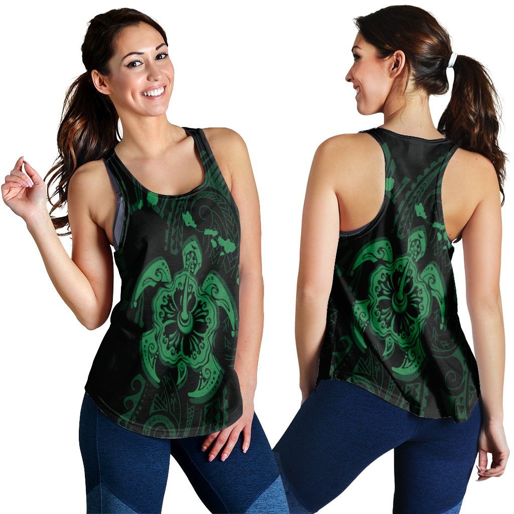 Hawaiian Map Kanaka Hibiscus Turtle Green Polynesian Racerback Tank - AH Black - Polynesian Pride