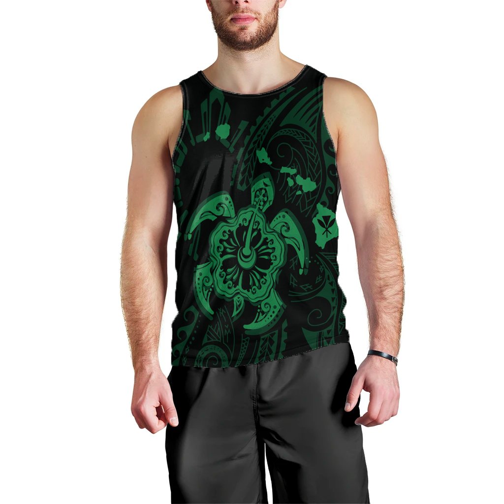 Hawaiian Map Kanaka Hibiscus Turtle Green Polynesian Tank Top - AH Black - Polynesian Pride