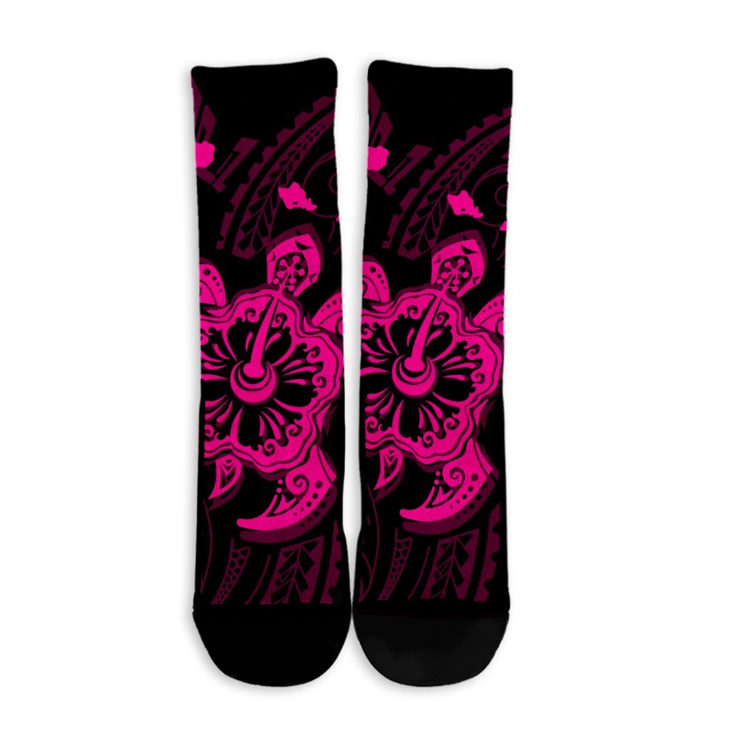 Hawaiian Map Kanaka Hibiscus Turtle Pink Polynesian Crew Socks - AH - Polynesian Pride