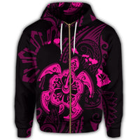 Hawaiian Map Kanaka Hibiscus Turtle Pink Polynesian Zip Hoodie - Polynesian Pride