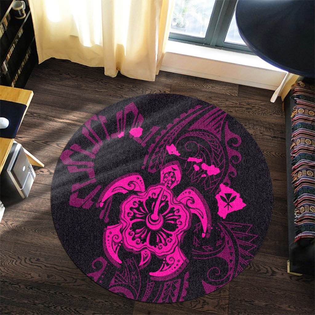 Hawaiian Map Kanaka Hibiscus Turtle Pink Polynesian Round Carpet - AH - Polynesian Pride