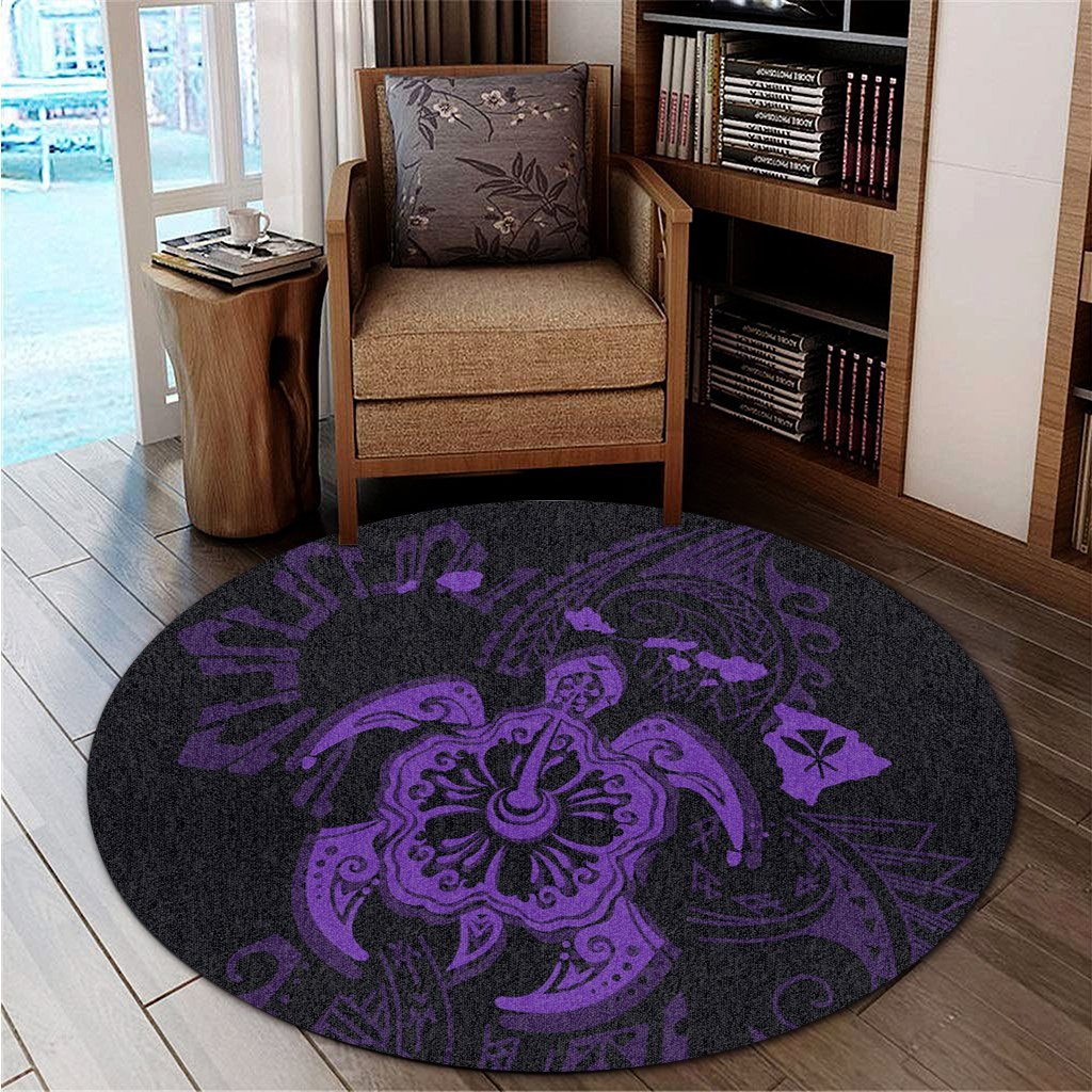 Hawaiian Map Kanaka Hibiscus Turtle Purple Polynesian Round Carpet - AH - Polynesian Pride
