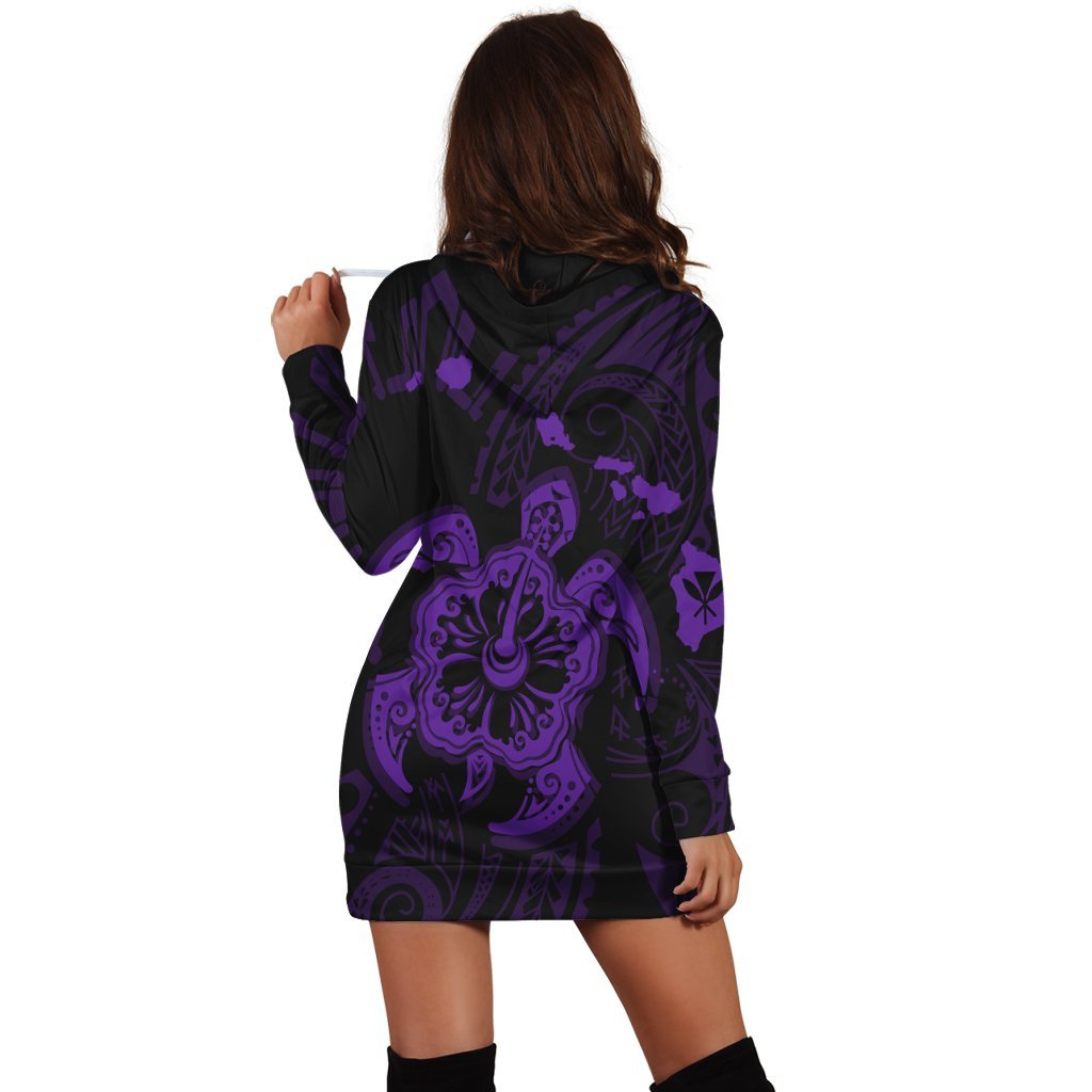 Hawaiian Map Kanaka Hibiscus Turtle Purple Polynesian Hoodie Dress - AH - Polynesian Pride