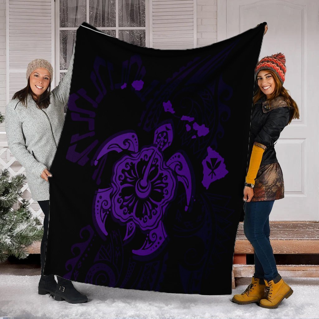 Hawaiian Map Kanaka Hibiscus Turtle Purple Polynesian Premium Blankets - AH - Polynesian Pride