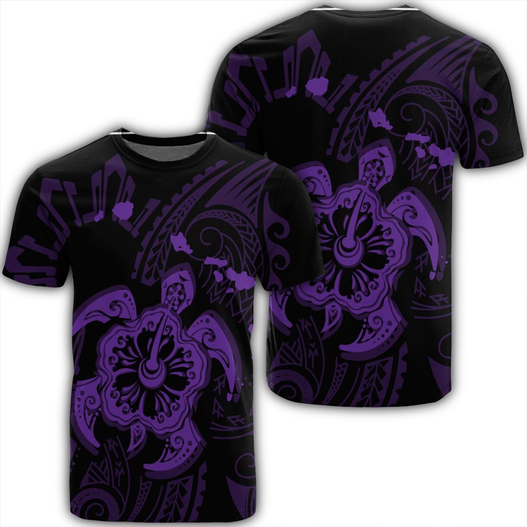 Hawaiian Map Kanaka Hibiscus Turtle Purple Polynesian T Shirt Unisex Black - Polynesian Pride