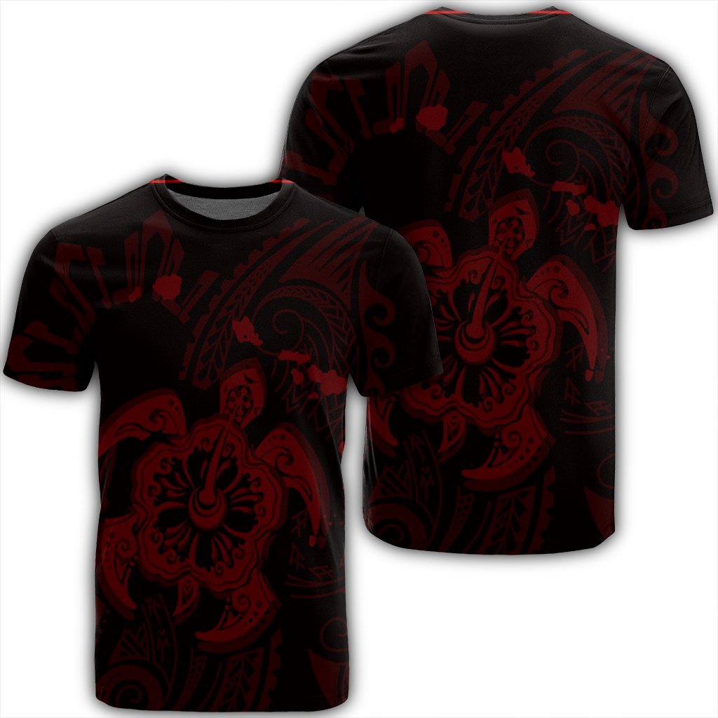 Hawaiian Map Kanaka Hibiscus Turtle Red Polynesian T Shirt Unisex Black - Polynesian Pride