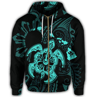 Hawaiian Map Kanaka Hibiscus Turtle Turquoise Polynesian Zip Hoodie - Polynesian Pride