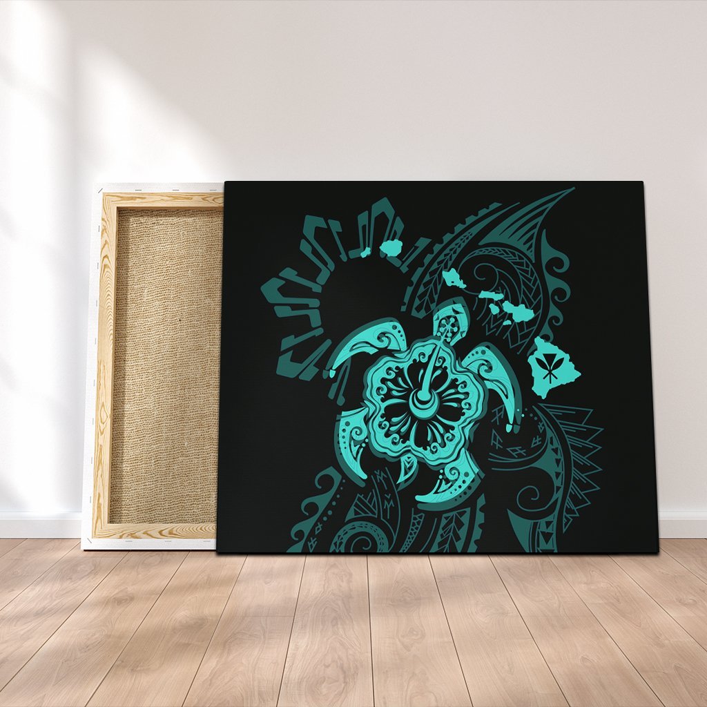 Hawaiian Map Kanaka Hibiscus Turtle Turquoise Polynesian Canvas - AH Canvas Poly-cotton - Polynesian Pride