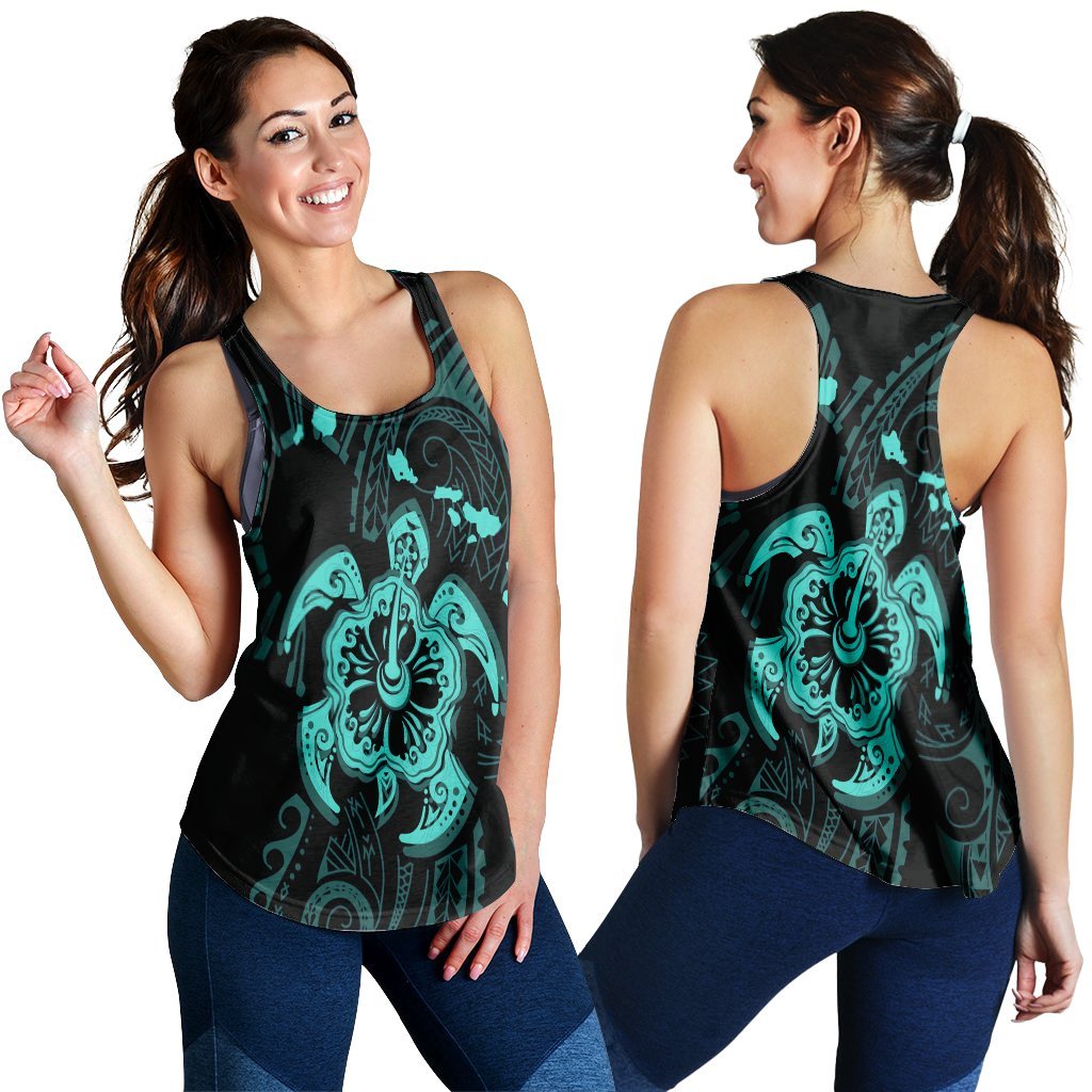 Hawaiian Map Kanaka Hibiscus Turtle Turquoise Polynesian Racerback Tank - AH Black - Polynesian Pride