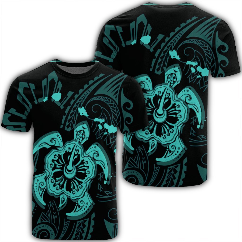 Hawaiian Map Kanaka Hibiscus Turtle Turquoise Polynesian T Shirt Unisex Black - Polynesian Pride