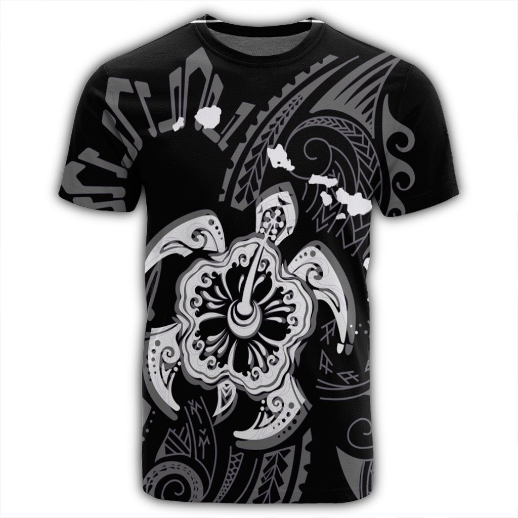 Hawaiian Map Kanaka Hibiscus Turtle White Polynesian T Shirt - Polynesian Pride