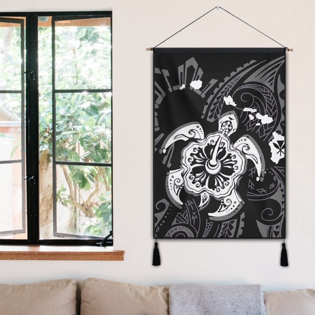 Hawaiian Map Kanaka Hibiscus Turtle White Polynesian Hanging Poster - AH - Polynesian Pride
