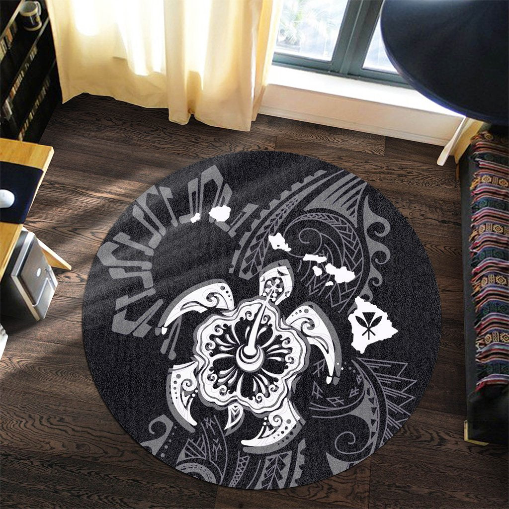 Hawaiian Map Kanaka Hibiscus Turtle White Polynesian Round Carpet - AH - Polynesian Pride