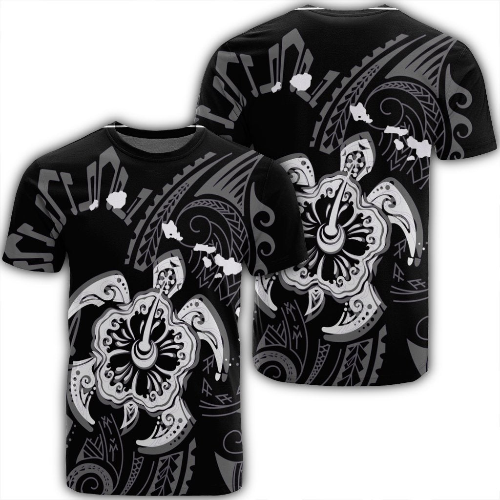 Hawaiian Map Kanaka Hibiscus Turtle White Polynesian T Shirt Unisex Black - Polynesian Pride