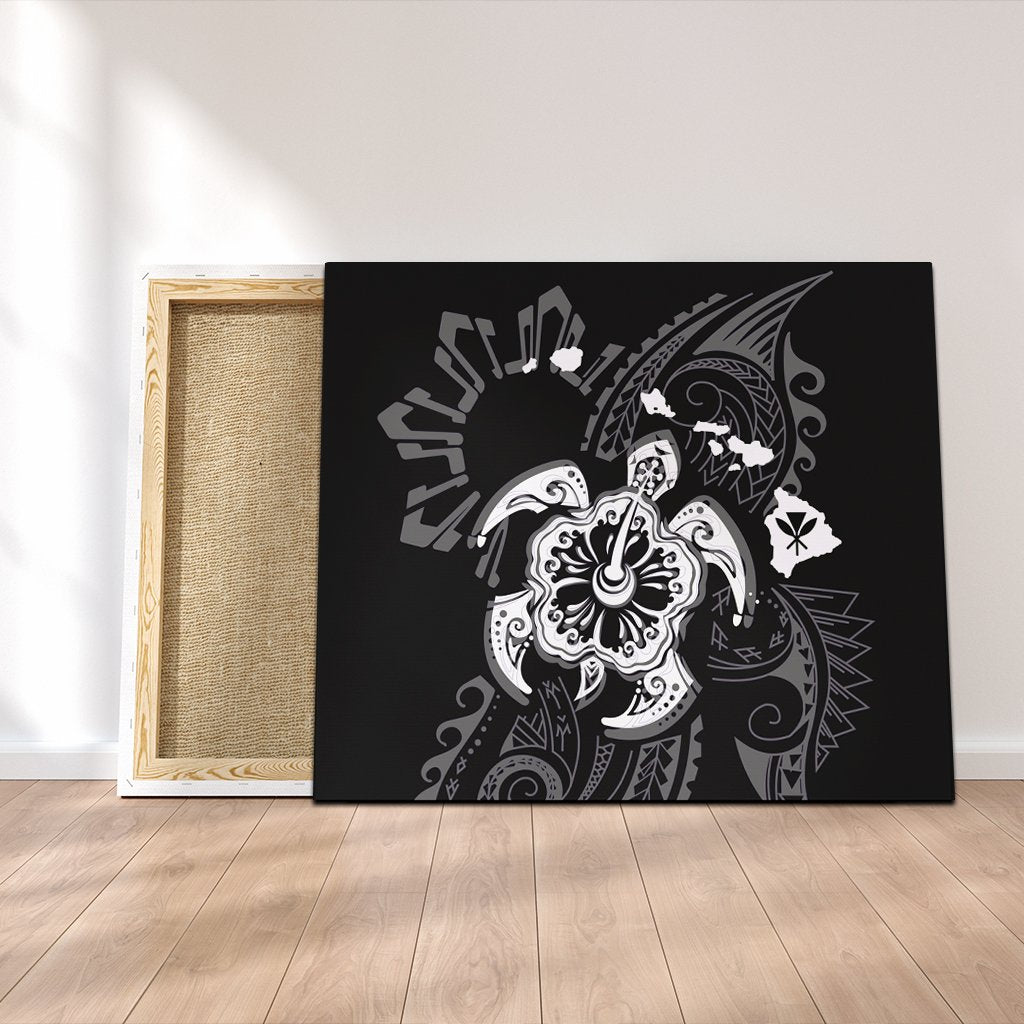 Hawaiian Map Kanaka Hibiscus Turtle White Polynesian Canvas - AH Canvas Poly-cotton - Polynesian Pride