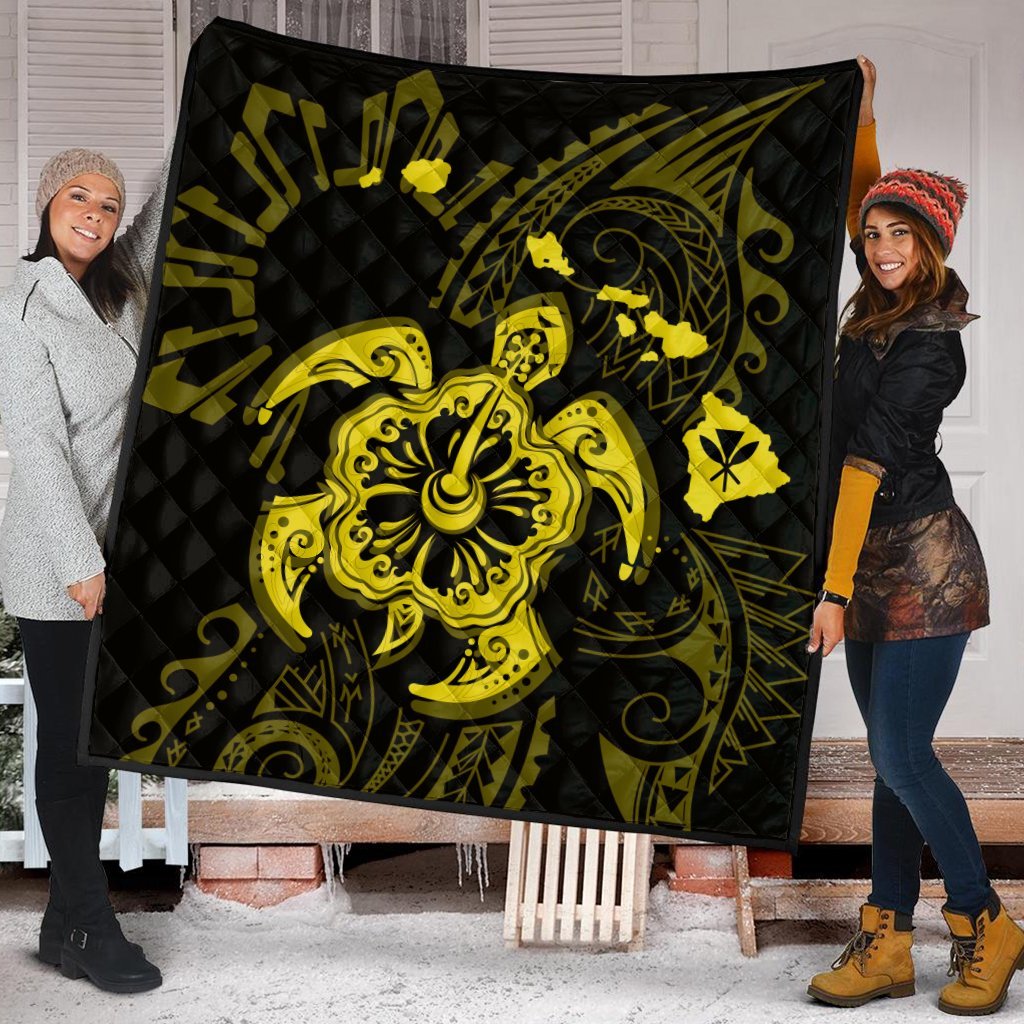 Hawaiian Map Kanaka Hibiscus Turtle Yellow Polynesian Premium Quilts - AH - Polynesian Pride