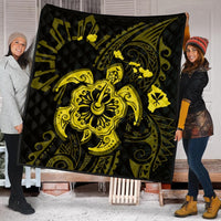 Hawaiian Map Kanaka Hibiscus Turtle Yellow Polynesian Premium Quilts - AH - Polynesian Pride