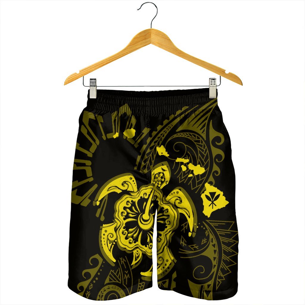 Hawaiian Map Kanaka Hibiscus Turtle Yellow Polynesian Men's Shorts - AH - Polynesian Pride