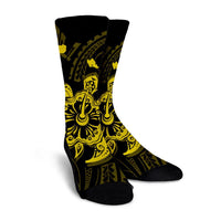 Hawaiian Map Kanaka Hibiscus Turtle Yellow Polynesian Crew Socks - AH - Polynesian Pride