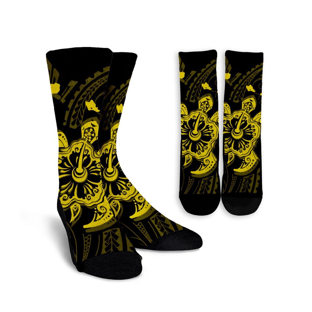 Hawaiian Map Kanaka Hibiscus Turtle Yellow Polynesian Crew Socks - AH Crew Socks White - Polynesian Pride