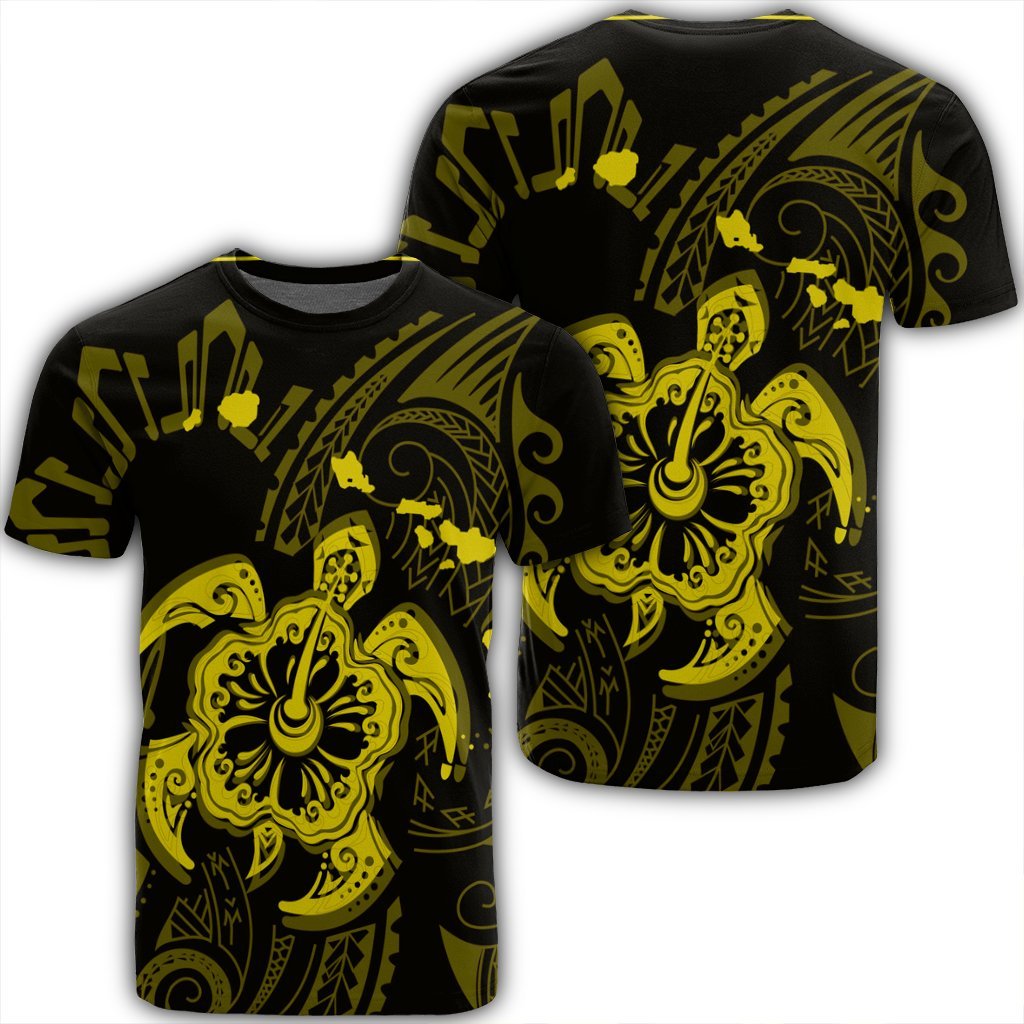 Hawaiian Map Kanaka Hibiscus Turtle Yellow Polynesian T Shirt Unisex Black - Polynesian Pride