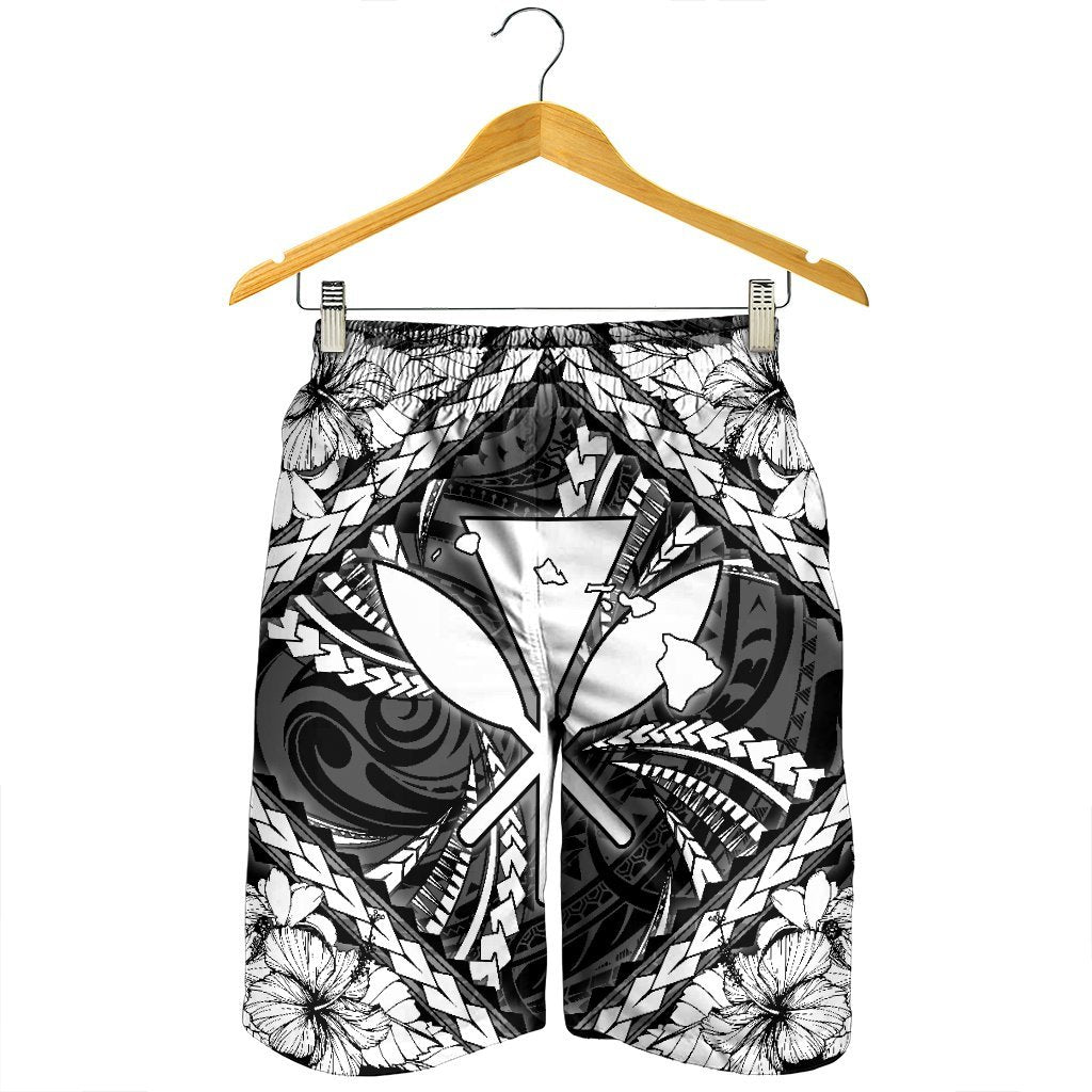 Hawaiian Map Kanaka Hibiscus White Polynesian Men's Shorts - AH - Polynesian Pride