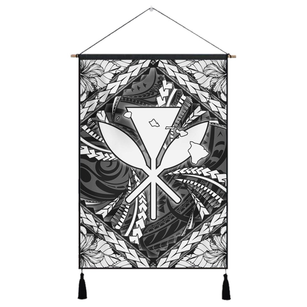 Hawaiian Map Kanaka Hibiscus White Polynesian Hanging Poster - AH Hanging Poster Cotton And Linen - Polynesian Pride