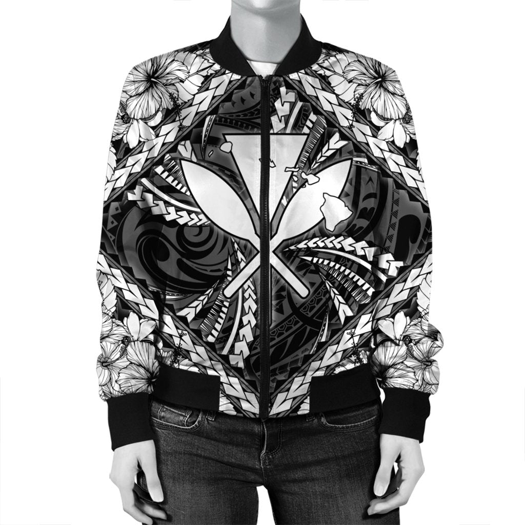 Hawaiian Map Kanaka Hibiscus White Polynesian Bomber Jacket - AH - Polynesian Pride